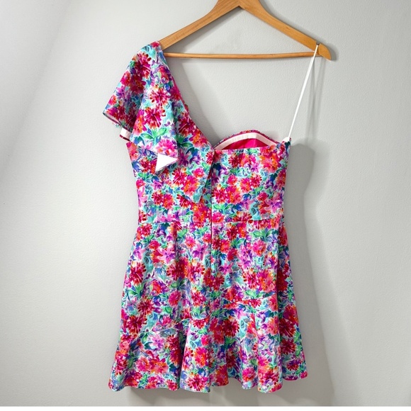 Amanda Uprichard Mini Dress One Shoulder Floral Watercolor Cotton Size Large - Picture 4 of 16